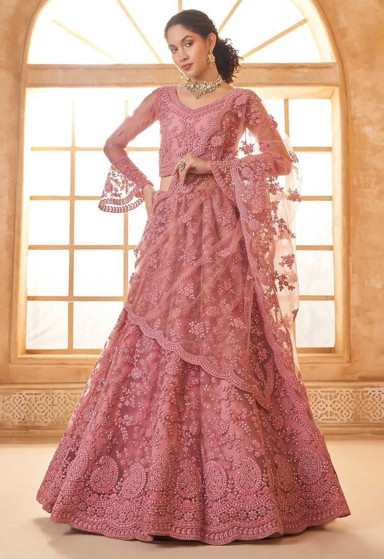 Pink Embroidered Net Thread Work Lehenga Choli - Free size