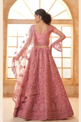 Pink Embroidered Net Thread Work Lehenga Choli - Free size 4