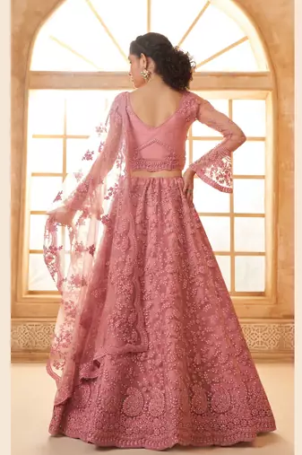 Pink Embroidered Net Thread Work Lehenga Choli - Free size