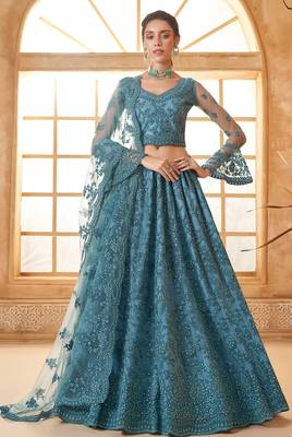 Blue Embroidered Net Thread Work Lehenga Choli - Free size 1