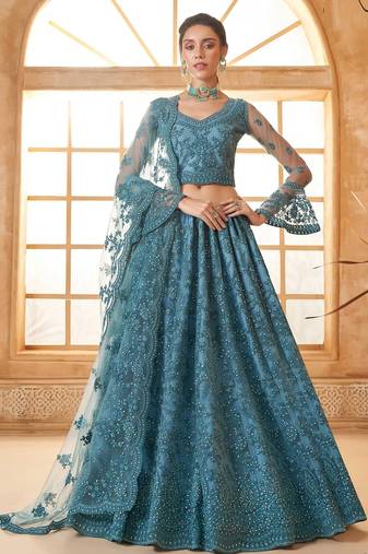 Blue Embroidered Net Thread Work Lehenga Choli - Free size