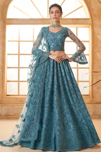 Blue Embroidered Net Thread Work Lehenga Choli - Free size