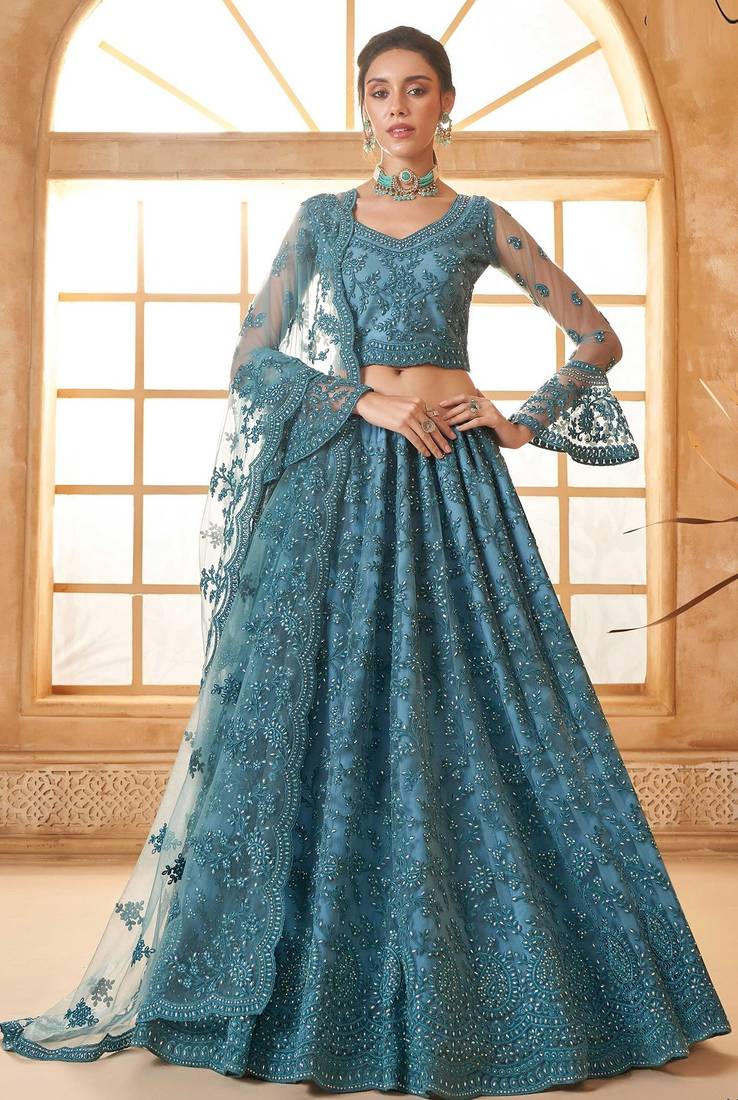 Blue Embroidered Net Thread Work Lehenga Choli - Free size