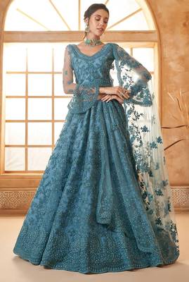 Blue Embroidered Net Thread Work Lehenga Choli - Free size 2