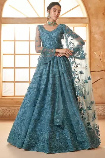 Blue Embroidered Net Thread Work Lehenga Choli - Free size