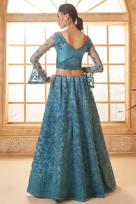 Blue Embroidered Net Thread Work Lehenga Choli - Free size 3
