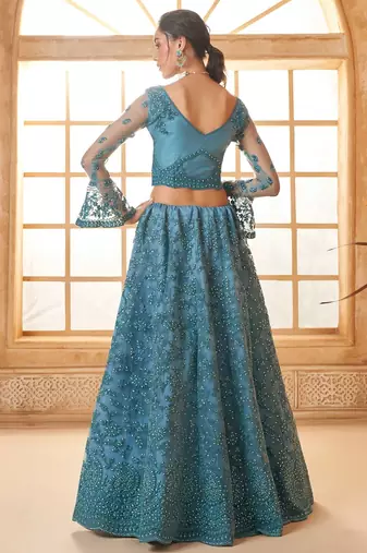 Blue Embroidered Net Thread Work Lehenga Choli - Free size