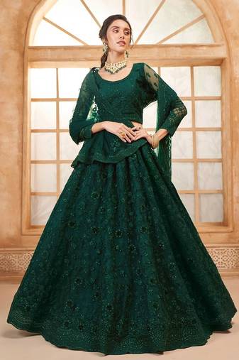 Green Embroidered Net Thread Work Lehenga Choli - Free size