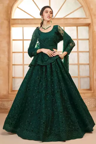 Green Embroidered Net Thread Work Lehenga Choli - Free size