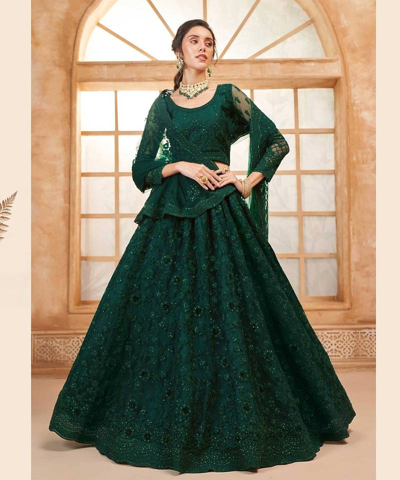 Green Embroidered Net Thread Work Lehenga Choli - Free size