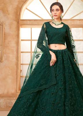 Green Embroidered Net Thread Work Lehenga Choli - Free size 2