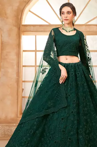 Green Embroidered Net Thread Work Lehenga Choli - Free size