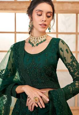 Green Embroidered Net Thread Work Lehenga Choli - Free size 3