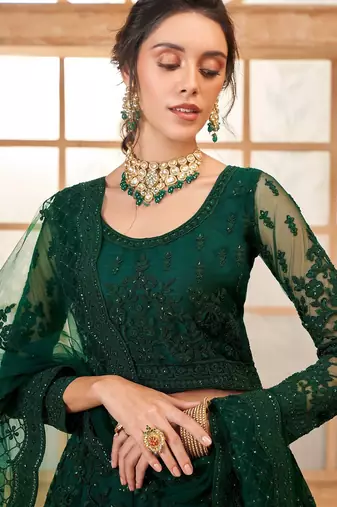 Green Embroidered Net Thread Work Lehenga Choli - Free size