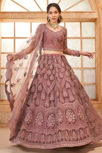 Rose Gold Embroidered Net Thread Work Lehenga Choli - Free size