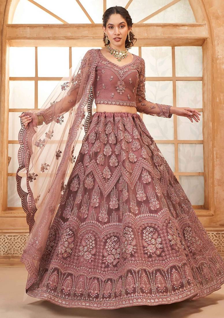 Rose Gold Embroidered Net Thread Work Lehenga Choli - Free size