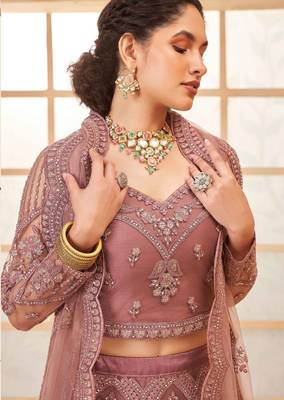 Rose Gold Embroidered Net Thread Work Lehenga Choli - Free size 2