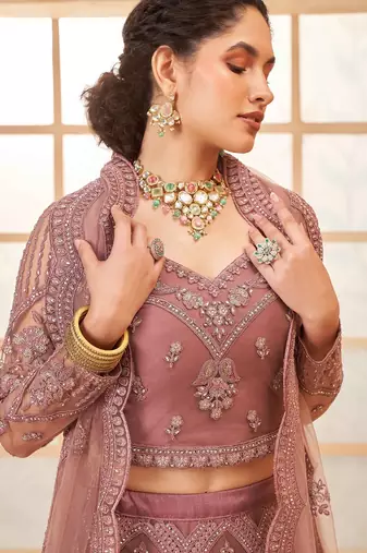 Rose Gold Embroidered Net Thread Work Lehenga Choli - Free size