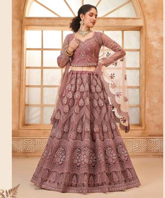 Rose Gold Embroidered Net Thread Work Lehenga Choli - Free size 3