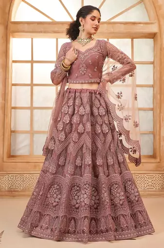 Rose Gold Embroidered Net Thread Work Lehenga Choli - Free size