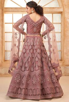 Rose Gold Embroidered Net Thread Work Lehenga Choli - Free size 4