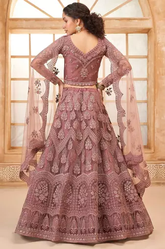 Rose Gold Embroidered Net Thread Work Lehenga Choli - Free size