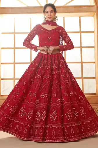 Red Embroidered Net Thread Work Lehenga Choli - Free size