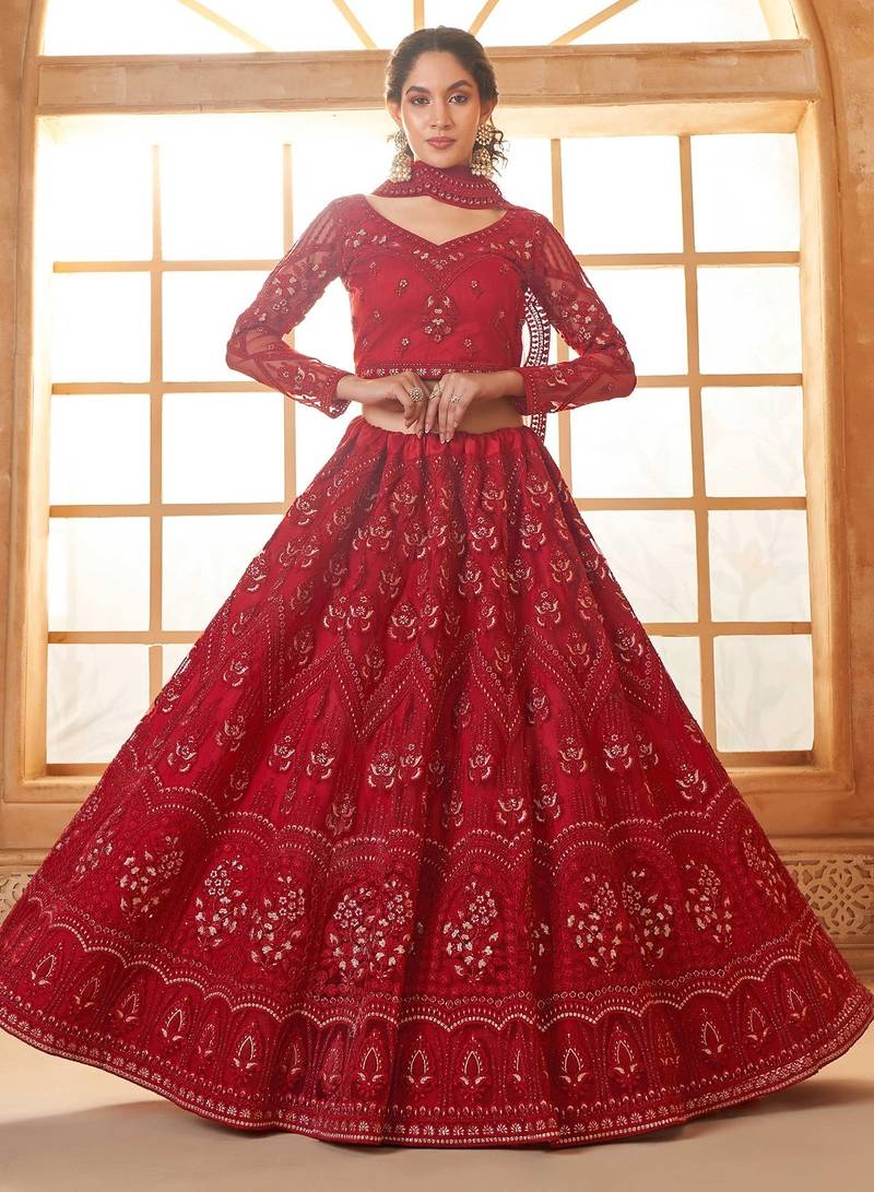 Red Embroidered Net Thread Work Lehenga Choli - Free size