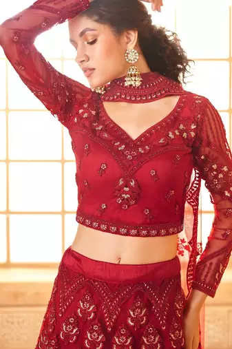 Red Embroidered Net Thread Work Lehenga Choli - Free size