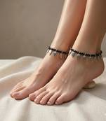 Boho Black Bead Anklet Set with Silver Leaf Charms | Tribal Beaded Ankle Bracelet 