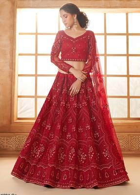 Red Embroidered Net Thread Work Lehenga Choli - Free size 3