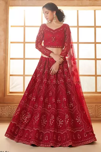 Red Embroidered Net Thread Work Lehenga Choli - Free size