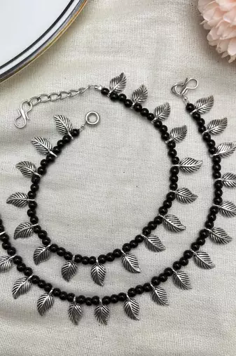 Boho Black Bead Anklet Set with Silver Leaf Charms | Tribal Beaded Ankle Bracelet 