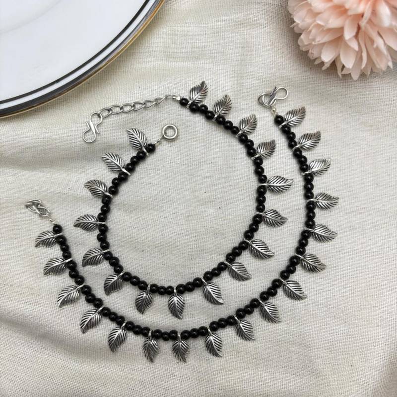 Boho Black Bead Anklet Set with Silver Leaf Charms | Tribal Beaded Ankle Bracelet 
