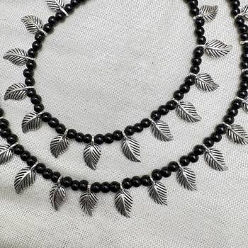 Boho Black Bead Anklet Set with Silver Leaf Charms | Tribal Beaded Ankle Bracelet  3