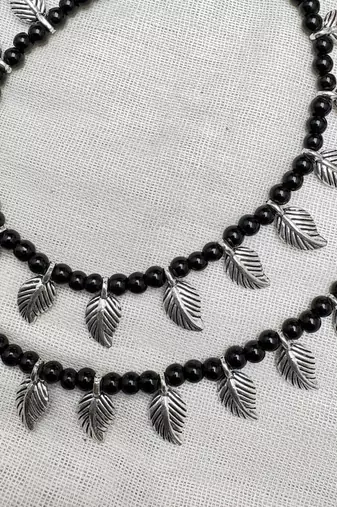 Boho Black Bead Anklet Set with Silver Leaf Charms | Tribal Beaded Ankle Bracelet 