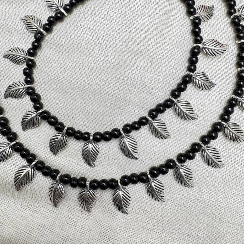 Boho Black Bead Anklet Set with Silver Leaf Charms | Tribal Beaded Ankle Bracelet 