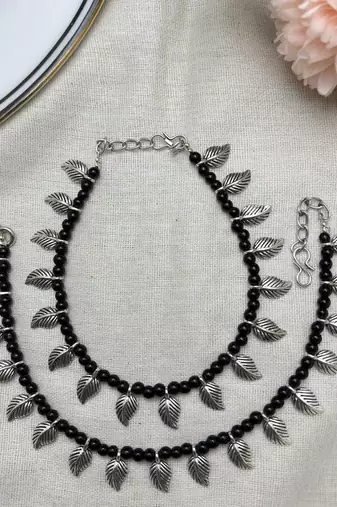 Boho Black Bead Anklet Set with Silver Leaf Charms | Tribal Beaded Ankle Bracelet 