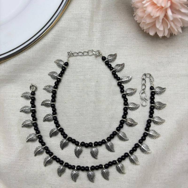 Boho Black Bead Anklet Set with Silver Leaf Charms | Tribal Beaded Ankle Bracelet 