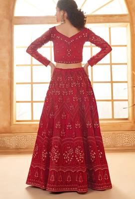 Red Embroidered Net Thread Work Lehenga Choli - Free size 4