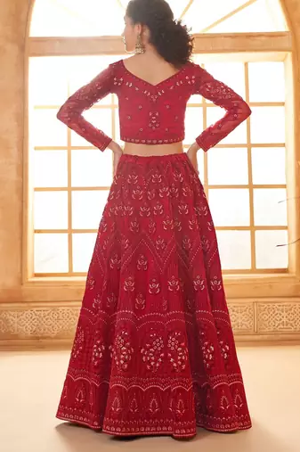 Red Embroidered Net Thread Work Lehenga Choli - Free size