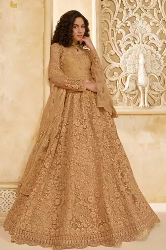 Fawn Embroidered Net Thread Work Lehenga Choli - Free size
