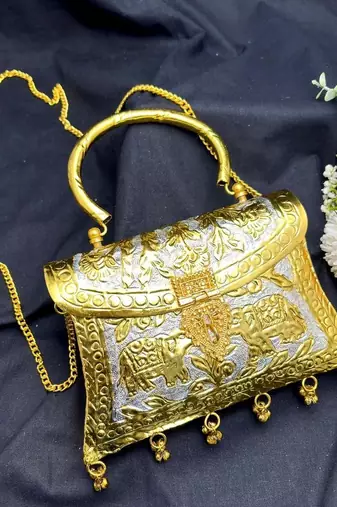 Handcrafted Dual Tone Metal Clutch, Embossed Elephant Evening Bag, Chitai Work Brass Purse