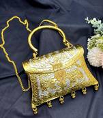 Handcrafted Dual Tone Metal Clutch, Embossed Elephant Evening Bag, Chitai Work Brass Purse