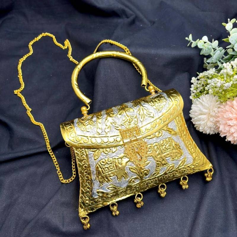 Handcrafted Dual Tone Metal Clutch, Embossed Elephant Evening Bag, Chitai Work Brass Purse