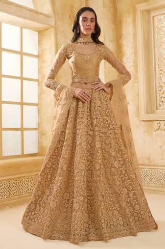 Fawn Embroidered Net Thread Work Lehenga Choli - Free size