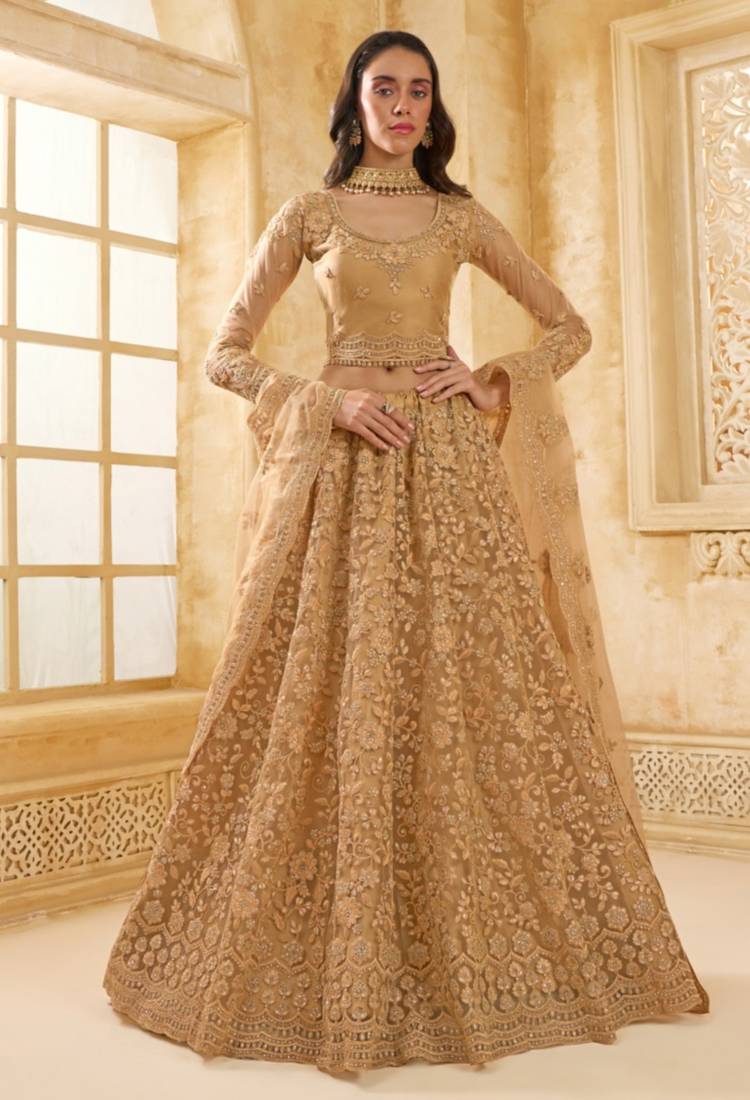 Fawn Embroidered Net Thread Work Lehenga Choli - Free size