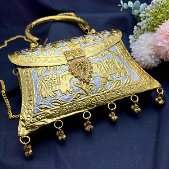 Handcrafted Dual Tone Metal Clutch, Embossed Elephant Evening Bag, Chitai Work Brass Purse 2