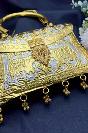 Handcrafted Dual Tone Metal Clutch, Embossed Elephant Evening Bag, Chitai Work Brass Purse