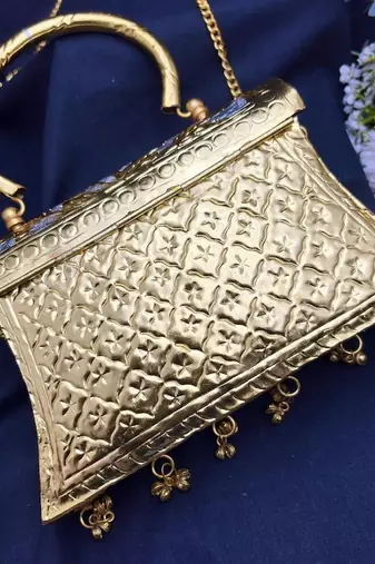 Handcrafted Dual Tone Metal Clutch, Embossed Elephant Evening Bag, Chitai Work Brass Purse